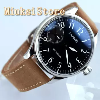 Мужские механические часы Parnis, 44 мм, серебристый чехол, черный циферблат, светящиеся, 17 ювелирных изделий, 6497, мужские роскошные часы Move t с кожаным ремешком