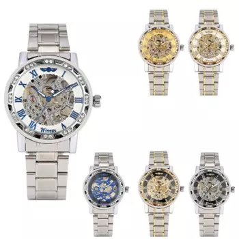 Мужские механические часы с ручным заводом, циферблат с римскими цифрами и автоматические часы со стразами, наручные часы с ремешком из нержавеющей стали