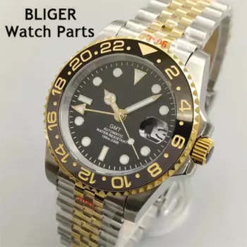Мужские механические наручные часы BLIGER 40 мм GMT NH34 часы сапфировое стекло керамический Безель буквы черный циферблат браслет из нержавеющей стали