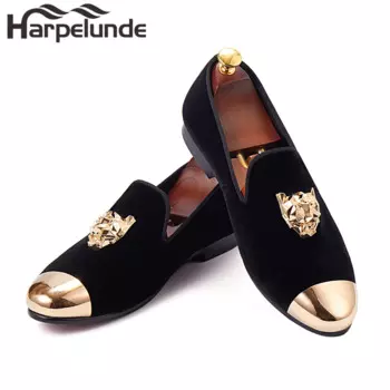 Мужские модельные туфли Harpelunde с пряжкой в виде животных, черные бархатные лоферы с золотым носком, размер 6-14