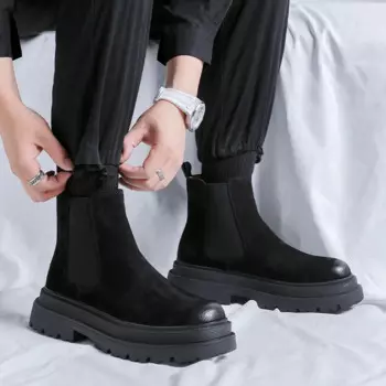 Мужские модные ботинки челси в английском стиле, ботинки из коровьей замши, кожаные ботинки на ковбойской платформе, Классические ботильоны для банкета, мужские ботинки