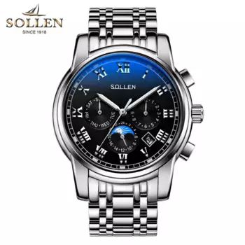 Мужские модные деловые часы SOLLEN, роскошные брендовые автоматические механические часы, светящиеся водонепроницаемые часы из нержавеющей стали, часы 801