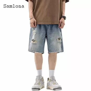 Мужские модные прямые джинсовые шорты Samlona с дырками, винтажные рваные короткие джинсы 2023, европейские повседневные уличные брюки с полуоборками