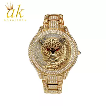 Мужские наручные часы Aokaishen с леопардовым принтом, большие золотистые водонепроницаемые наручные часы из нержавеющей стали в стиле хип-хоп