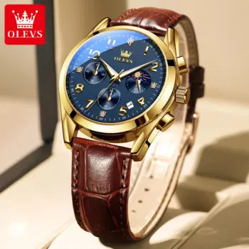 Мужские наручные часы с хронографом, с кожаным ремешком