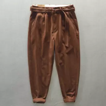 Мужские повседневные брюки из плотного хлопка, коричневые свободные брюки с поясом в японском и корейском стиле, мешковатые брюки, осень 20242