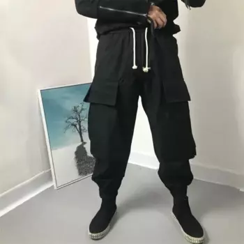 Мужские повседневные брюки, Новые однотонные Дизайнерские широкие брюки с боковым карманом, свободные белые спортивные брюки на шнуровке с поясом на осень и зиму