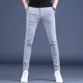 Мужские повседневные брюки в английском стиле, серые полосатые Костюмные брюки, облегающие прямые брюки на лето