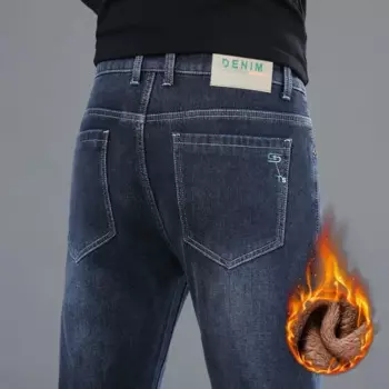 Мужские повседневные джинсы, теплые флисовые хлопковые брендовые облегающие зимние брюки из денима, прямые брюки, Стрейчевые джинсы для мужчин, 28-40, 2022