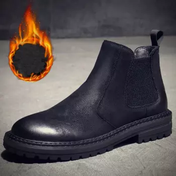 Мужские повседневные теплые плюшевые ботинки, зимняя обувь из натуральной кожи, черные ботильоны челси, мужские ботинки