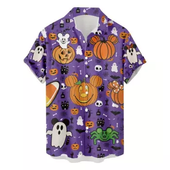 Мужские рубашки на Хэллоуин с рисунком тыквы головы и призрака, свободная рубашка с коротким рукавом, лацканами и пуговицами, футболка с принтом, Гавайские мужские рубашки
