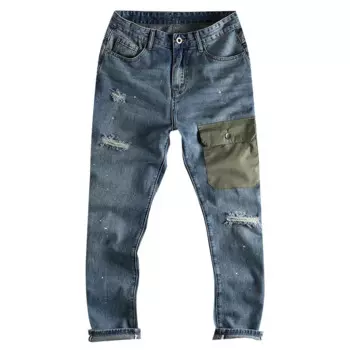 Мужские рваные прямые джинсовые брюки с карманами в винтажном стиле