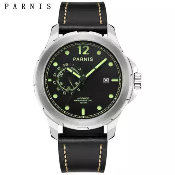 Мужские серебристые механические часы Parnis с автоматическим подсветкой, 44 мм, с кожаным ремешком, водонепроницаемые часы 100 м, часы в подарок, мужские часы