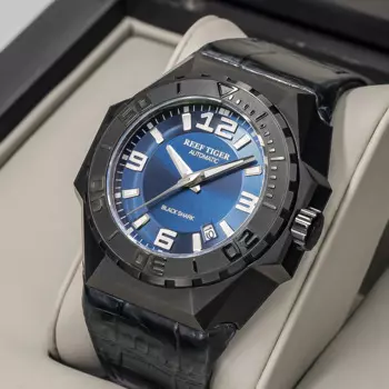 Мужские спортивные часы Reef Tiger/RT, полностью черные Автоматические механические часы, военные часы с кожаным ремешком, мужские часы RGA6903