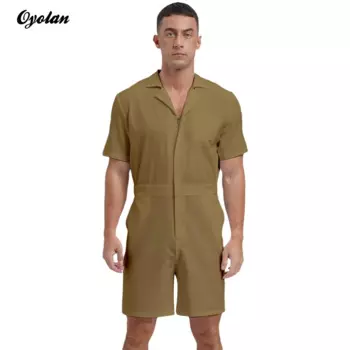 Мужские спортивные костюмы с молнией спереди и коротким низом, стильный Однотонный женский комбинезон с отложным воротником, боди с коротким рукавом