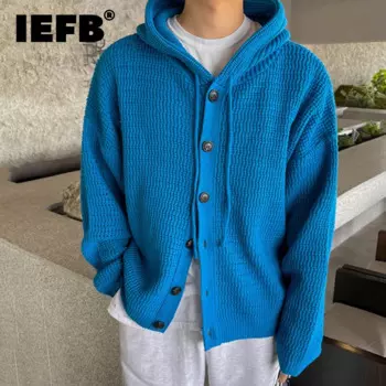 Мужские свитера IEFB в Корейском стиле, однобортная одежда с капюшоном и кулиской, однотонный вязаный мужской кардиган, простой 9C7991