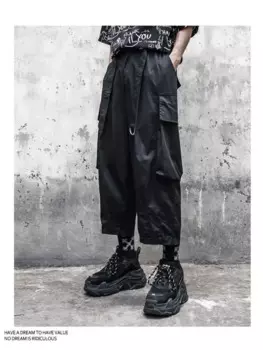 Мужские свободные брюки с широкими штанинами, новинка весны и осени, модные прямые брюки с большими карманами, дизайн девять дюймов