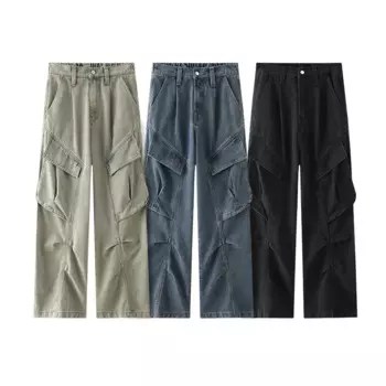 Мужские свободные джинсы с большими карманами, широкие брюки с высокой талией