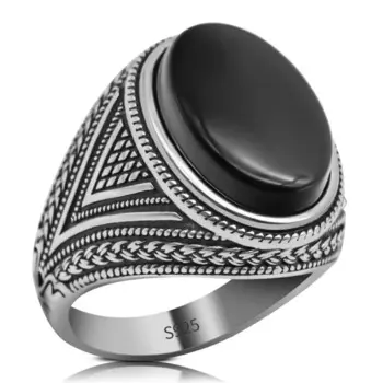 Мужские Винтажные кольца из серебра 925 пробы с натуральным черным агатом