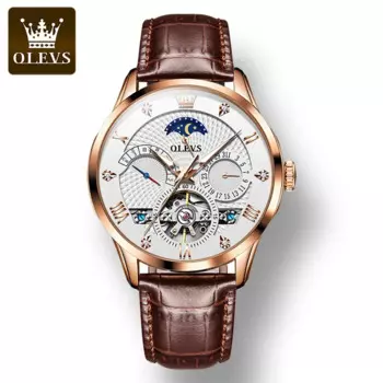 Мужские Водонепроницаемые многофункциональные часы OLEVS 6652, модные автоматические механические мужские наручные часы с ремешком из натуральной кожи