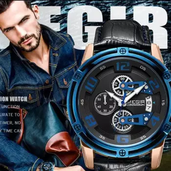 Мужские водонепроницаемые кварцевые часы с хронографом и ремешком из натуральной кожи