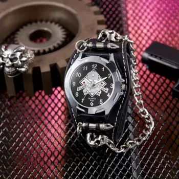 Мужские водонепроницаемые кварцевые часы с кожаным ремешком и черепом