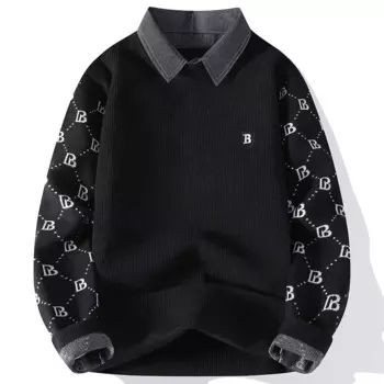 Мужские вязаные свитера с имитацией двух предметов, сезон осень-зима 2024, роскошный вязаный жаккардовый Свободный Повседневный пуловер с воротником-хомутом, вязаный Топ