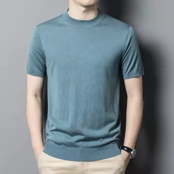 Мужские вязаные топы высшего качества из шелка и шерсти 2023 Весенняя Повседневная простая вязаная футболка мужская Трикотажная футболка из овечьей шерсти с коротким рукавом
