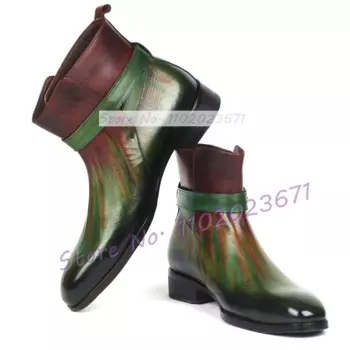 Мужские зеленые кожаные ботинки джодхпур из телячьей кожи, блестящая цветная обувь с ремешком с пряжкой, модные мужские ботинки челси без шнуровки