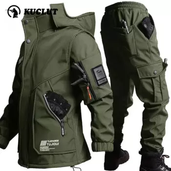 Мужские зимние боевые комплекты, однотонный утолщенный теплый Тактический комплект из 2 предметов с капюшоном, уличные ветрозащитные флисовые тактические костюмы с несколькими карманами