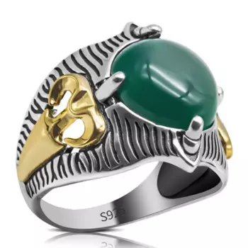 Мужское кольцо из серебра 925 пробы с натуральным зелёным агатом