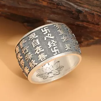 Мужское кольцо в ретро стиле S990 из чистого серебра с резным сердцем, сутровым лотосом, символом Будды, мужское кольцо с большим пальцем из тайского серебра