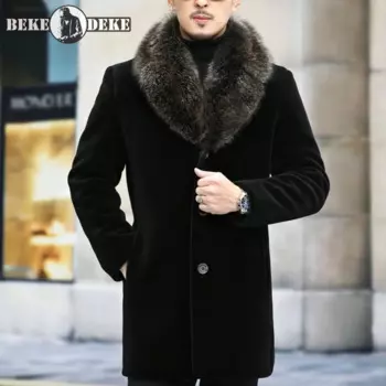 Мужское шерстяное длинное пальто, деловая Повседневная однобортная приталенная куртка с воротником из меха енота, зимняя Толстая теплая Роскошная куртка из натурального овечьего меха