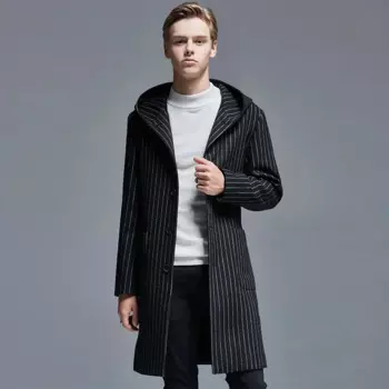 Мужское шерстяное пальто, с капюшоном, в черную полоску