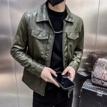 Мужское весенне-осеннее модное тонкое корейское пальто, мотоциклетное плюшевое красивое пальто с откидным воротником и куртками из искусственной кожи