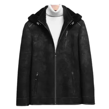 Мужское зимнее меховое пальто, куртка из натуральной овечьей кожи, мужское толстое пальто с капюшоном и овчиной