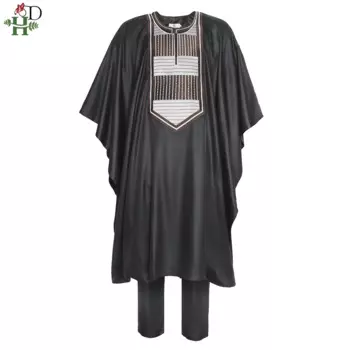 Мужской африканский халат H & D, комплект из 3 предметов, рубашка с вышивкой Дашики, африканская одежда, топ с коротким рукавом, брюки, костюм, халаты