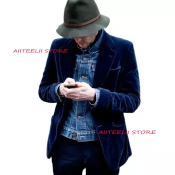 Мужской бархатный костюм из 2 предметов, повседневный Блейзер, брюки, теплый смокинг для вечерние, королевский синий мужской костюм, одежда