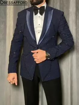 Мужской Блестящий блестящий костюм темно-синего цвета, мужской блейзер из двух предметов (пиджак + брюки)