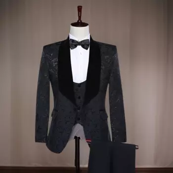 Мужской цветочный костюм, облегающий свадебный смокинг из 3 предметов, жаккардовая куртка с воротником-шалью и брюки с жилетом, мужской модный костюм, 2024