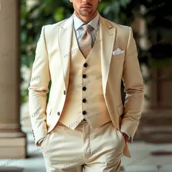 Мужской деловой костюм цвета шампанского для официального мероприятия, костюм для жениха, шафера, свадьбы, вечеринки, выпускного, мужские смокинги, костюм из трех предметов, куртка, жилет, брюки