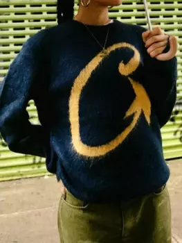 Мужской флисовый трикотажный свитер, свободные джемперы с длинным рукавом и принтом, осень 2024