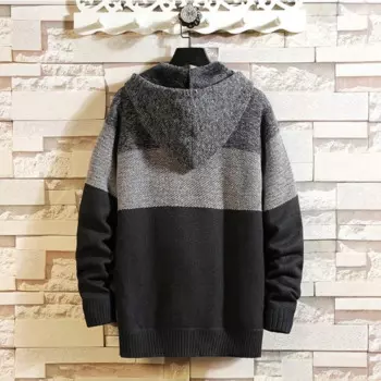 Мужской флисовый вязаный кардиган, Повседневная Толстая теплая куртка с длинным рукавом, свободного кроя, на молнии, с капюшоном, в полоску, новинка зимы 2022