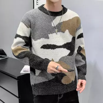 Мужской Хлопковый пуловер с круглым вырезом, с длинным рукавом