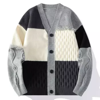 Мужской кардиган AW24 с V-образным вырезом | Тканые детали с цветными блоками | Длинный рукав | Теплый и повседневный вязаный свитер