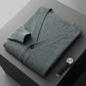 Мужской кардиган из 100% мериносовой шерсти, кашемировый свитер, осенне-зимняя вязаная куртка, однотонный высококачественный топ с длинными рукавами