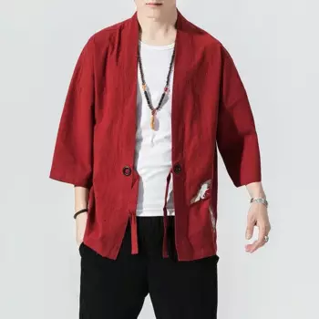 Мужской кардиган из хлопка, Тонкая Повседневная традиционная куртка, юката с Оби, хаори