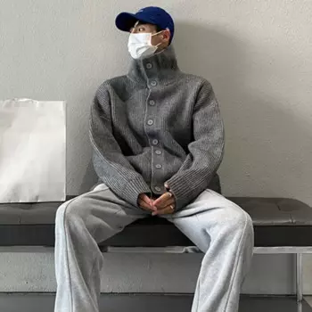 Мужской кардиган на пуговицах, длинный кардиган с воротником-стойкой, мужской вязаный свитер с высоким воротником, пальто для осени и зимы, плотный теплый кардиган