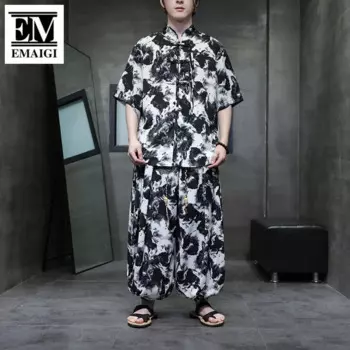 Мужской комплект из 2 предметов, свободная Повседневная рубашка с коротким рукавом и широкие штаны, шаровары, Пляжная блузка, брюки, спортивный костюм для мужчин, лето