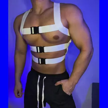 Мужской костюм для ночного клуба, бара, DJ, певица, нагрудный ремень, тематический костюм для вечерние, шоу, мужской сексуальный белый костюм с эластичной пряжкой